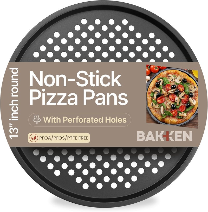 BAKKENMASTER Non-Stick Pizza Pan with Holes - 13-Inch Perforated Pizza Crisper Carbon Steel Pizza Pan - 1 Round Pizza Trays PFOA PFOS and PTFE Free - Image 1